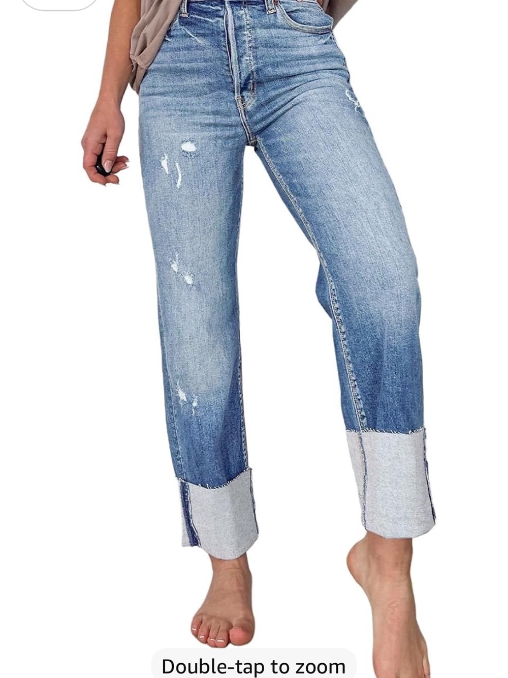 Light Blue Distressed Cuffed Women's High-Waisted Tummy Control Boyfriend Jeans